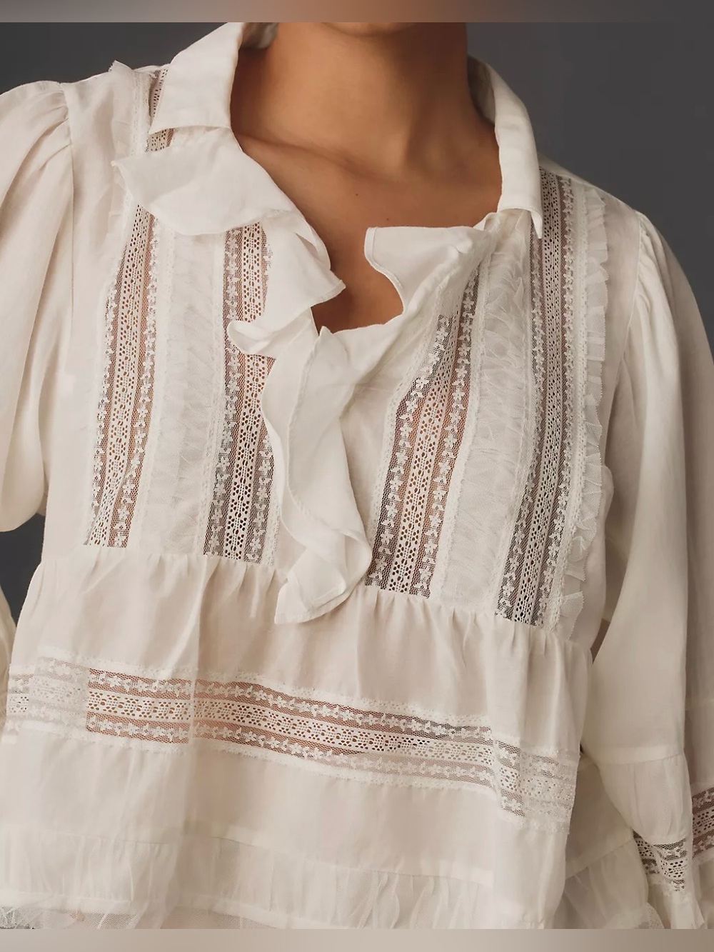 Anthropologie Ivory Ruffled Collar Lace Long Sleeve Blouse - Size 2X
